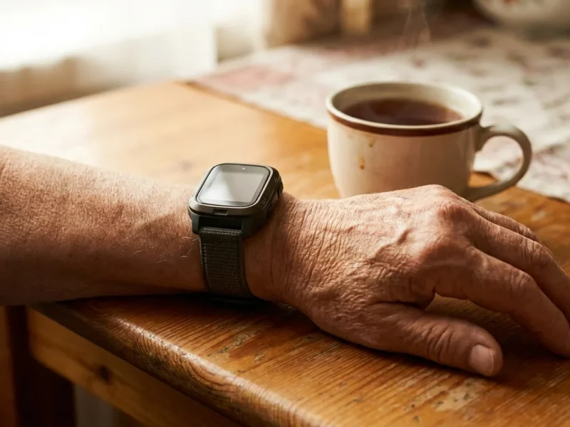 Muñeca de una persona mayor con un reloj inteligente con GPS y botón SOS, sobre una mesa de madera con una taza de té