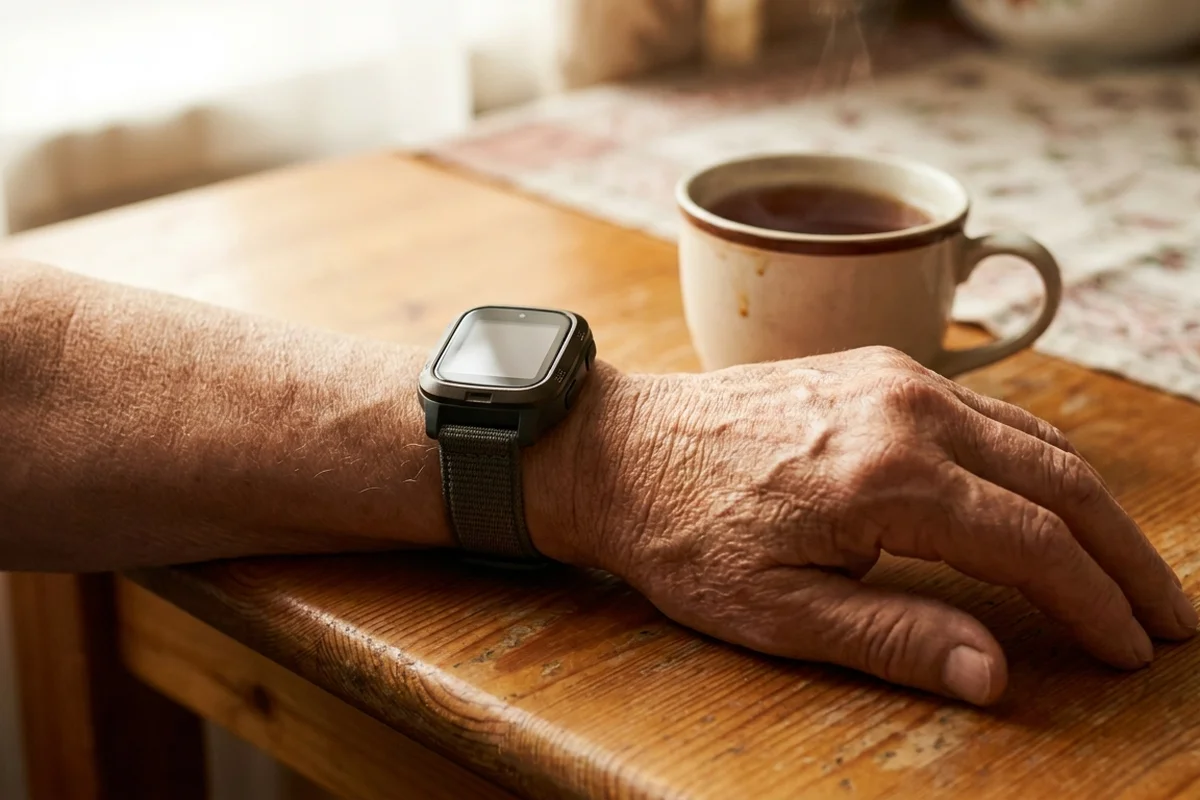 Muñeca de una persona mayor con un reloj inteligente con GPS y botón SOS, sobre una mesa de madera con una taza de té