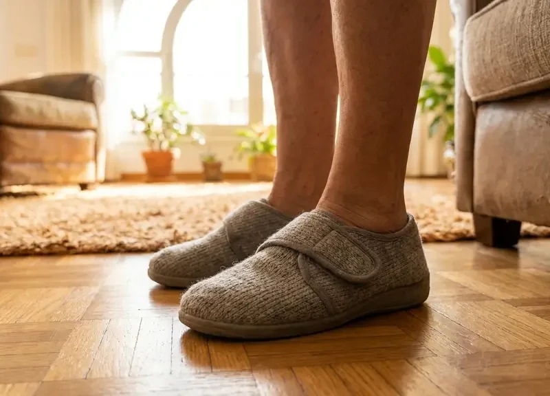 Zapatillas de casa antideslizantes con talón cerrado sobre suelo de madera