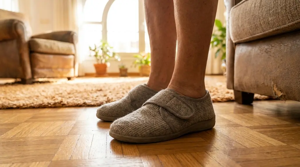 Zapatillas de casa antideslizantes con talón cerrado sobre suelo de madera