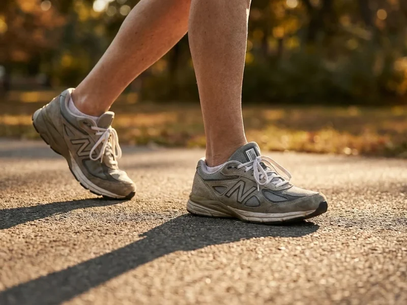 Piernas y pies de una persona mayor caminando con zapatillas deportivas por un camino de parque en otoño