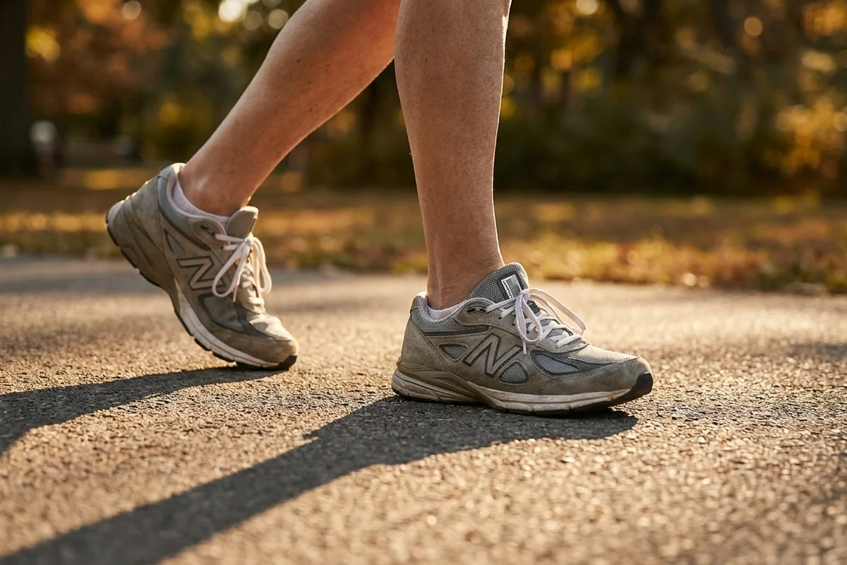 Piernas y pies de una persona mayor caminando con zapatillas deportivas por un camino de parque en otoño